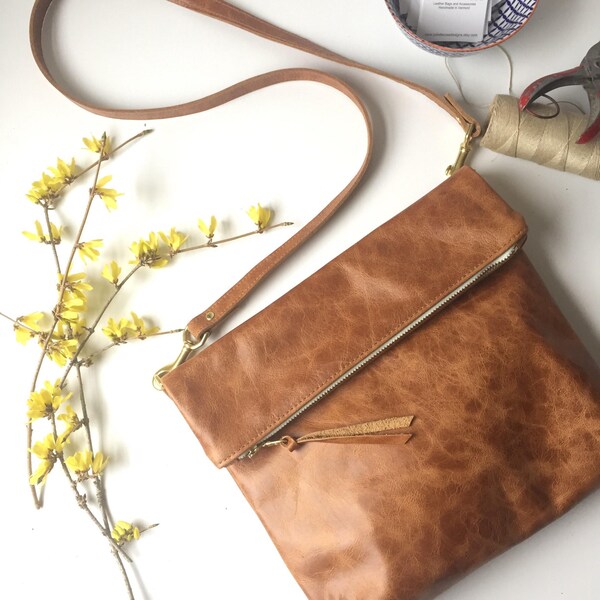 Foldover Crossbody Ledertasche, Leder Geldbörse, braune Ledertasche