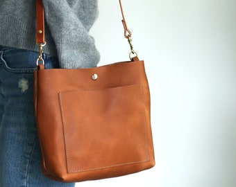 Tan Leather Shoulder Bag | Leather Hobo Bag | Leather Bucket Bag with Magnetic Snap | Minimalist Leather Bag with Front Pocket | Monogram