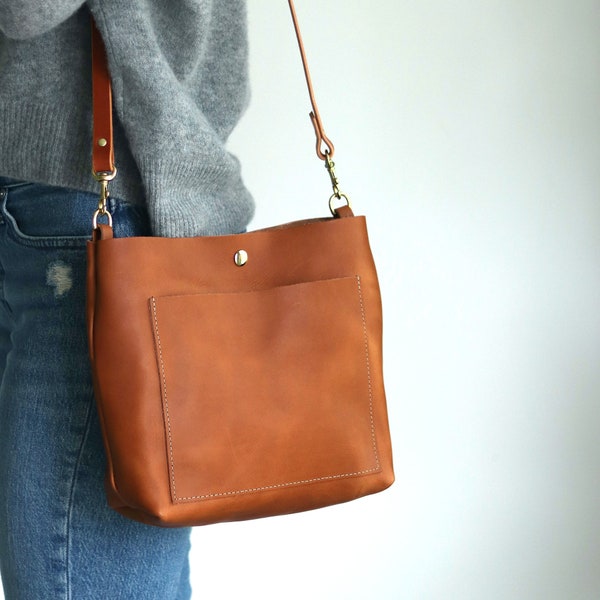 Tan Leather Shoulder Bag | Leather Hobo Bag | Leather Bucket Bag with Magnetic Snap | Minimalist Leather Bag with Front Pocket | Monogram