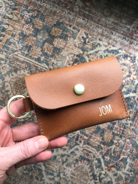 Personalized Brown Leather Keychain Card Wallet Minimalist 