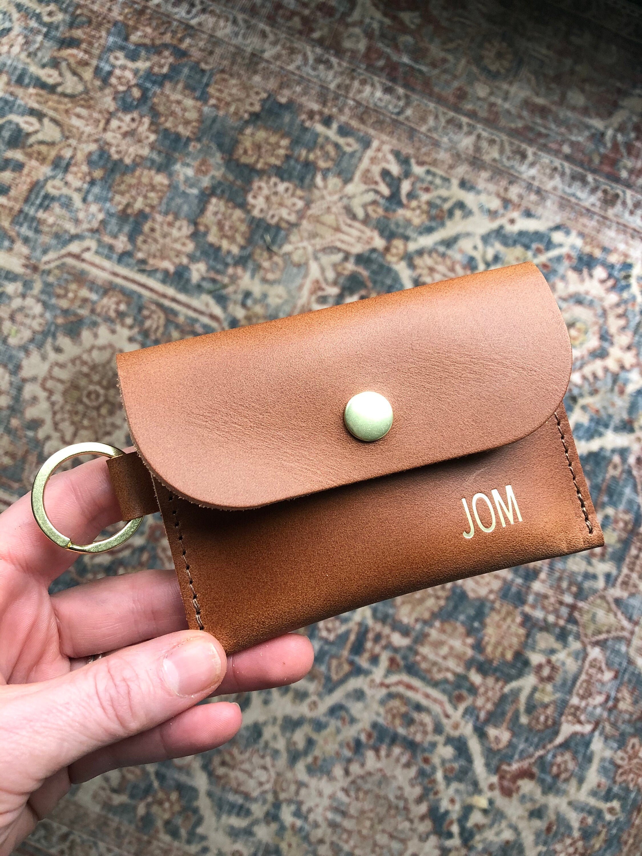 Personalized Brown Leather Keychain Card Wallet Minimalist 