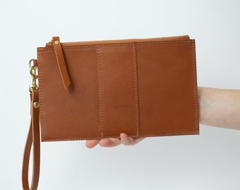 Tan Leather Clutch Bag | Wristlet Wallet | Leather Zipper Pouch | Personalized Wallet | Long Wallet | Travel Wallet | Bridal Clutch |