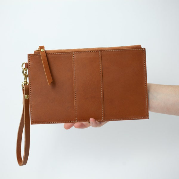 Tan Leather Clutch Bag | Wristlet Wallet | Leather Zipper Pouch | Personalized Wallet | Long Wallet | Travel Wallet | Bridal Clutch |