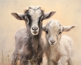 A Pair of Baby Goats, Portrait Style, Minimalist, Unframed Giclee Fine Art Print in Multiple Sizes