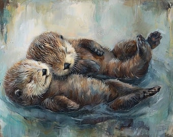 Sea Otters Sleeping Side by Side on their Backs in the Water, Painterly Style, Unframed Giclee Fine Art Print, 7 inch wide x 5 inch high