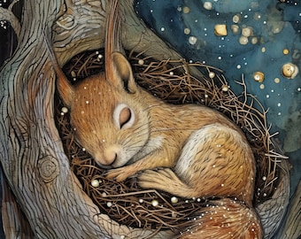Squirrel Sleeping in a Tree Hollow on a Magical Starry Night, Whimsical Style, Unframed Giclee Fine Art Print in Multiple Sizes