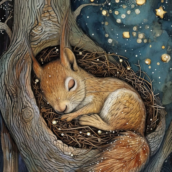 Squirrel Sleeping in a Tree Hollow on a Magical Starry Night, Whimsical Style, Unframed Giclee Fine Art Print in Multiple Sizes