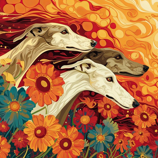 Greyhounds running through flowers, Abstract Unframed Giclee Fine Art Print in Multiple Sizes