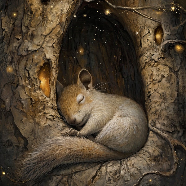 Squirrel Sleeping in a Tree Hollow on a Magical Night, Whimsical Style, Unframed Giclee Fine Art Print in Multiple Sizes