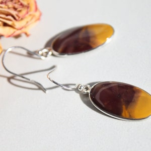 Sterling Silver Mookiate Jasper Oval Dangle Earrings/Two Tone Amber Brown & Yellow/Natural Stone-Gemstones/Unique Artisan Made Gift For Her