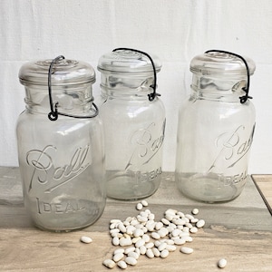 Vintage Set/3 QUART Clear Glass 1930 Ball Canning-Mason Jar/Storage Canister w Glass Lid/Metal Bail/Kitchen-Food Storage/Pantry Organization