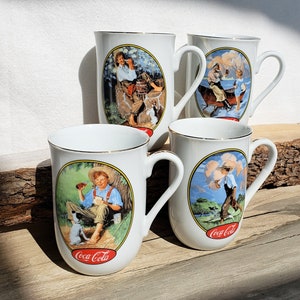 Vintage Set/4 pcs Coca Cola Porcelain Mugs 4&quot;/Coke Mugs-24K Gold Trim/Made in Japan/MCM/Collectible-Americana/Retro Kitchenware/Unique Gift