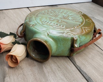 Vintage Frankoma Thunderbird Water Canteen/Prairie Green-Mayan Aztec/Mid Century Modern/Collectible Pottery/Made in USA/Retro Home Decor