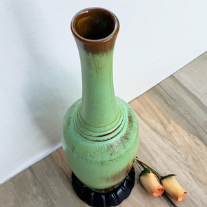 Vintage Frankoma Signed & Numbered Vase V1/Tall Vase+Base/circa 1969/Prairie Green Glaze/Collectible Pottery/Retro Home Decor/FREE Shipping