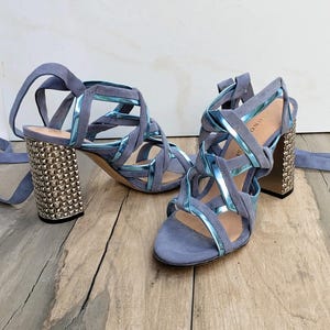 Bruno Premi Long Straps 4 inch Heeled Sandals/Women&#39;s EU Size 37/Purple-Lilac-Blue/Stylish-Dressy/Designer Shoes/Never Worn/FREE Shipping