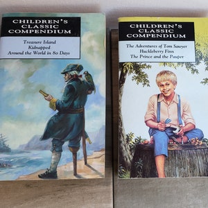 Conjunto de 2 libros: Compendio de clásicos infantiles, Robert Louis Stevenson, Julio Verne, Mark Twain, autores famosos, libros infantiles, biblioteca de iniciación.