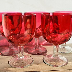 Vintage Set of 5 Bartlett Collins Cranberry Red w Clear Stem Thumbprint Goblets/Pressed Glass-1960/Retro Housewares-Collectible Drinkware
