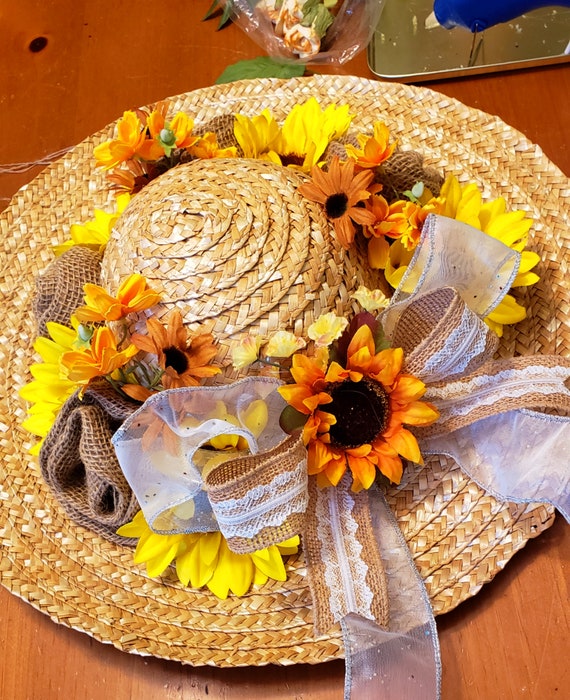 Sunflower & Burlap Rose Straw Hat/floral-fall Colors/wreath  display picture 3
