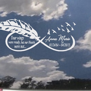 May include: White vinyl decal with a feather and infinity symbol. The text reads "Your wings were ready, but our Hearts were not... Anna Maria 01/24/64~04/20/15".