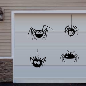 May include: Four black spider silhouettes with googly eyes on a white garage door. The spiders are in various poses, including hanging upside down and crawling.