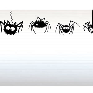 May include: Four black cartoon spiders with different expressions and poses. The spiders are drawn in a simple style with large eyes and eight legs.