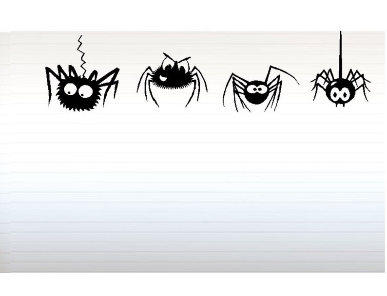 May include: Four black cartoon spiders with different expressions and poses. The spiders are drawn in a simple style with large eyes and eight legs.