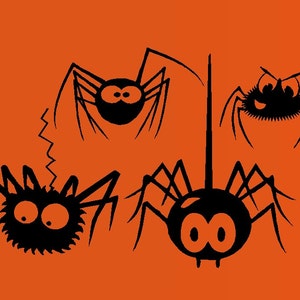 May include: Four black cartoon spiders with different expressions and body shapes on an orange background.