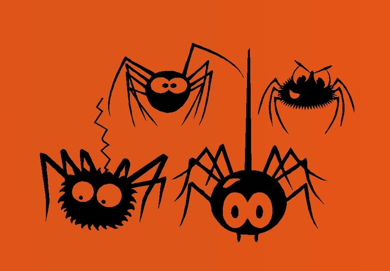 May include: Four black cartoon spiders with different expressions and body shapes on an orange background.