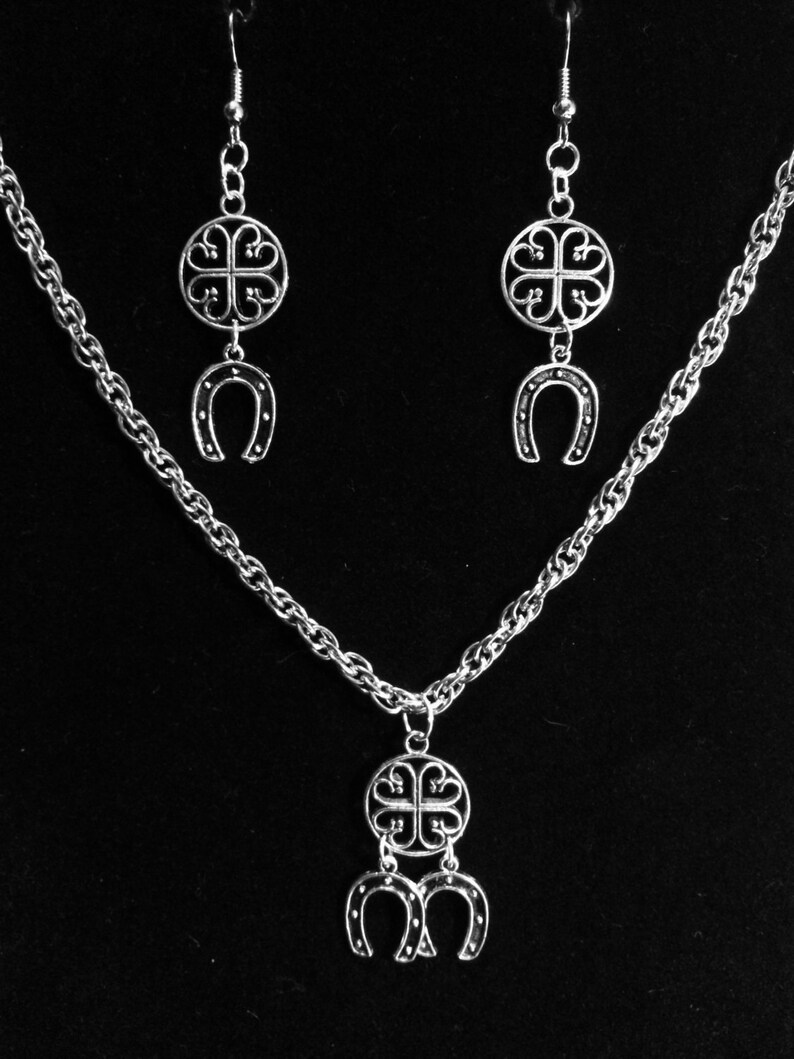 lucky horseshoe earrings Silver shamrock necklace Lucky horseshoe necklace bronze shamrock necklace /& earrings silver shamrock earrings