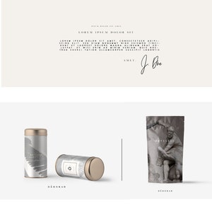 May include: A minimalist design layout with the text "ODYSSEUS" at the top. The layout includes images of architecture, a motorcycle engine, and product packaging. The text "LOREM IPSUM" is repeated throughout the design. The word "DEBORAH" is also visible.