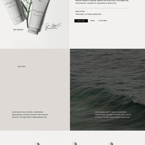 May include: A website layout for Cavaliero skincare products. The design features a clean, minimalist aesthetic with white and gray tones. Products include eye cream, shampoo, and body cream. The featured product is Hawthorn & Sea Myrtle Extract.