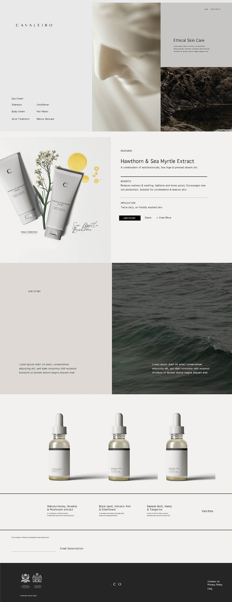 May include: A website layout for Cavaliero skincare products. The design features a clean, minimalist aesthetic with white and gray tones. Products include eye cream, shampoo, and body cream. The featured product is Hawthorn & Sea Myrtle Extract.