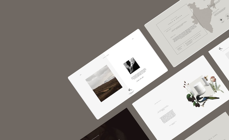 May include: A collection of white paper documents with images and text, arranged on a grey background. The documents feature landscape photos, illustrations, and text. Some documents have a map of India and Africa. The overall aesthetic is minimalist and elegant.