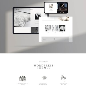 May include: A website design featuring a tablet and phone displaying a WordPress theme. The website showcases black and white images of clothing. The text "DEBORAH" and "WORDPRESS THEMES" are visible.