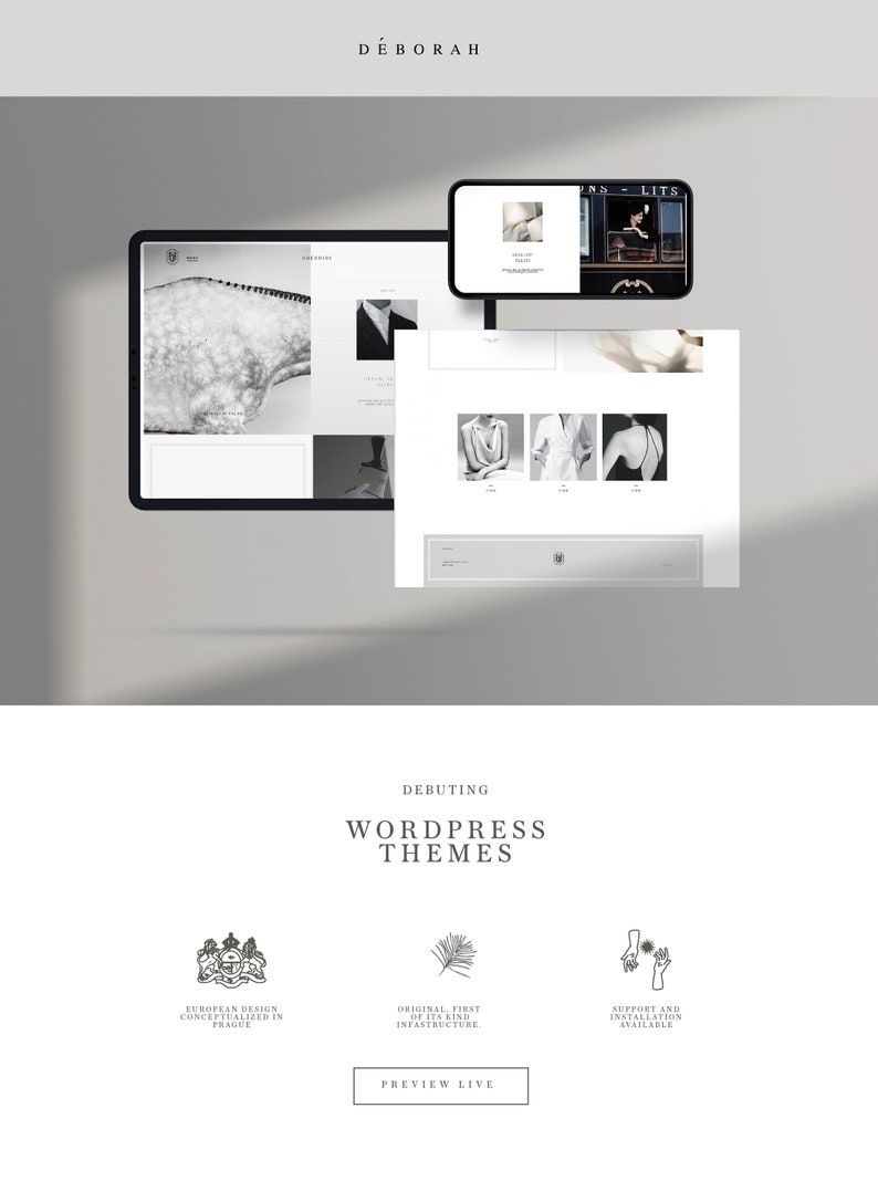 May include: A website design featuring a tablet and phone displaying a WordPress theme. The website showcases black and white images of clothing. The text "DEBORAH" and "WORDPRESS THEMES" are visible.