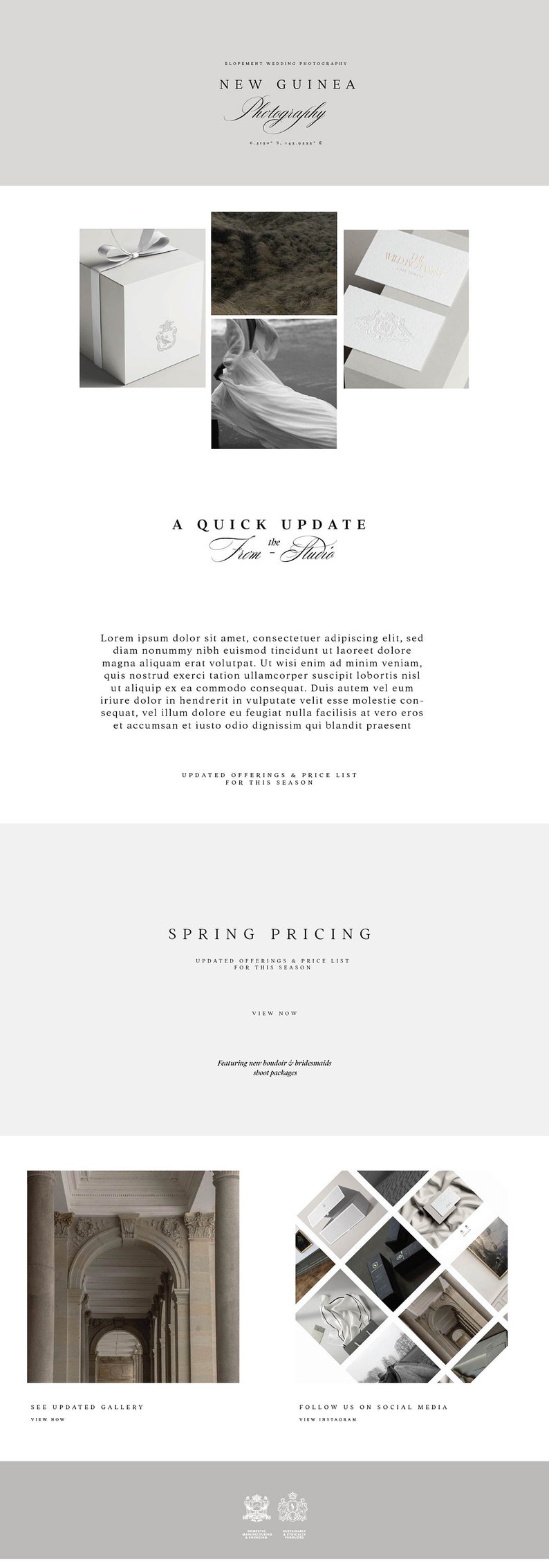 May include: A website layout for New Guinea Photography, featuring a logo, text, and a collage of images. The design includes a gift box, fabric, stationery, and a bride's dress. Text includes "A Quick Update" and "Spring Pricing."
