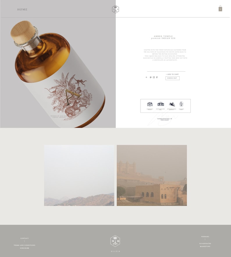 May include: A bottle of Amber Temple premium Indian gin with a wooden stopper. The label features a detailed illustration in shades of brown and white. The bottle is filled with a golden-colored liquid.