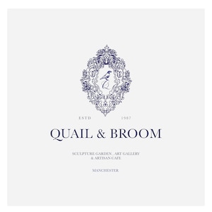 Quail Crest Logo- Details Logo-rococo Logo, Hotel Logo, baroque Logo, Vintage Logo, wedding, Bird Logo, idigo Logo, Artisan Logo