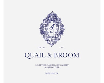Quail Crest Logo- Details Logo-rococo Logo, Hotel Logo, baroque Logo, Vintage Logo, wedding, Bird Logo, idigo Logo, Artisan Logo