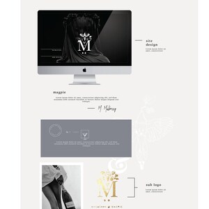 May include: A digital design layout featuring a computer screen displaying a logo with the letter "M" and a bird. The layout includes a sub logo, a signature, and the text "MULBERRY & MAGPIE". The design has a minimalist aesthetic with a neutral color palette.