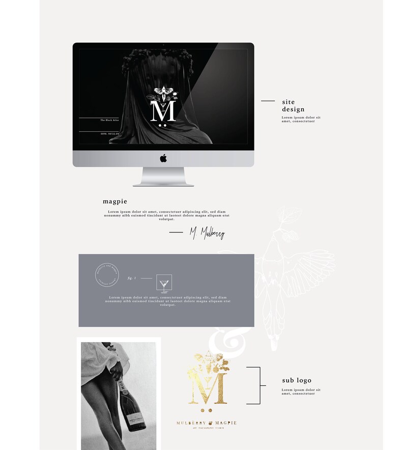 May include: A digital design layout featuring a computer screen displaying a logo with the letter "M" and a bird. The layout includes a sub logo, a signature, and the text "MULBERRY & MAGPIE". The design has a minimalist aesthetic with a neutral color palette.