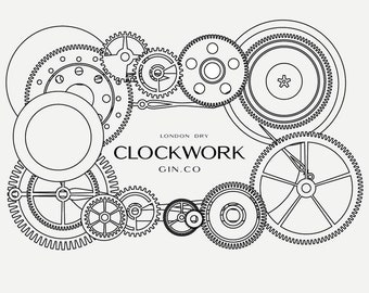 Premade clockwork logo, gear logo, clock logo, line logo. watch logo, cogs logo, gin logo, elegant logo, hourglass logo, stopwatch logo