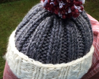 Chunky Hand Knit Pom Pom Hat: Ribbed Winter Beanie
