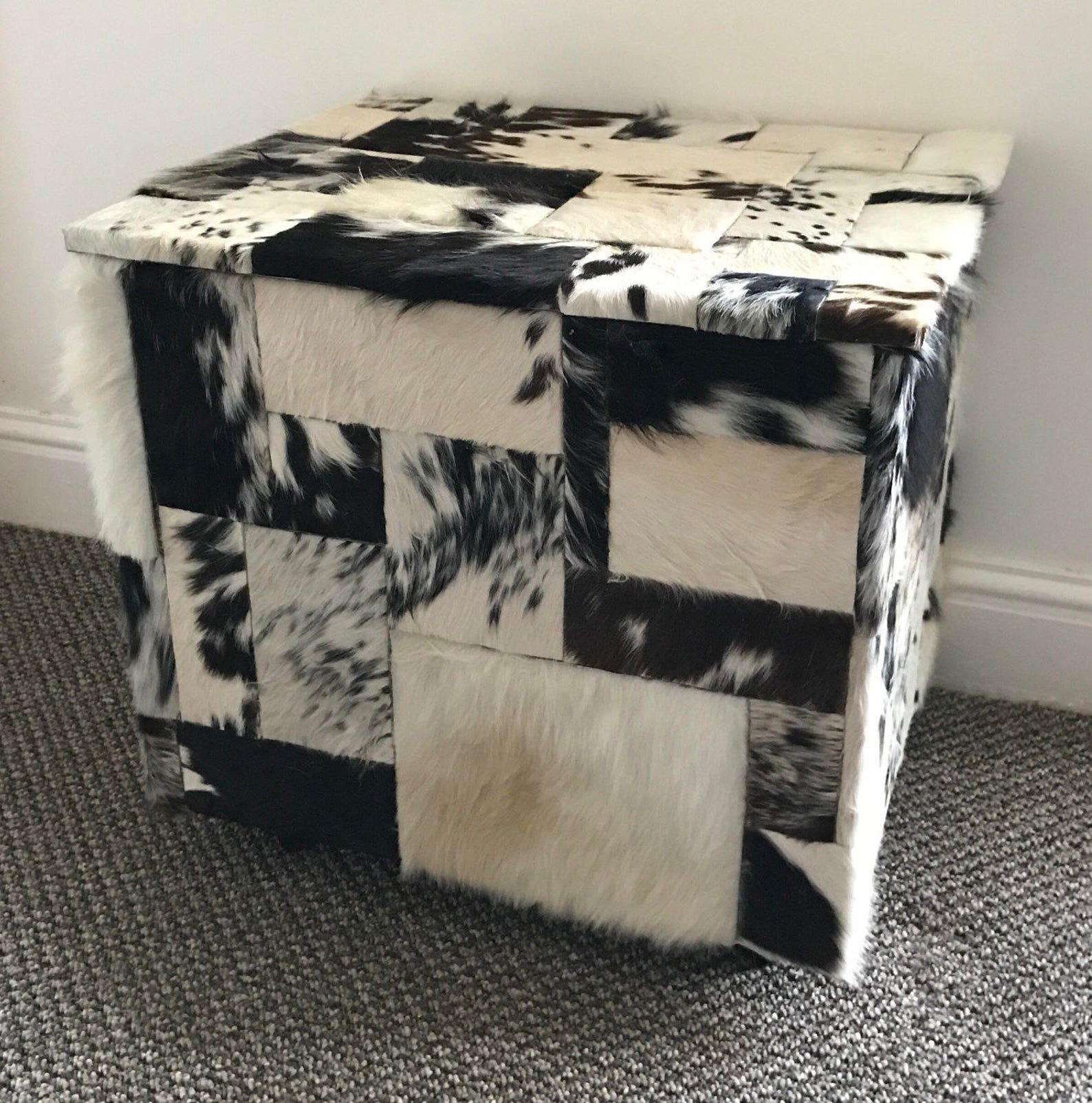 Cowhide patchwork storage ottoman home and living furniture. Etsy