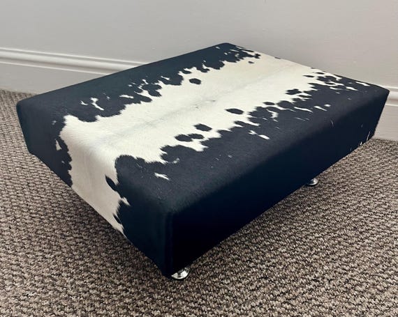 Cowhide footstool, upholstered stool, hair on hide, home and living.