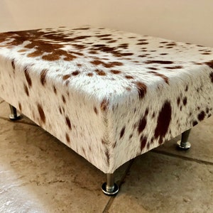 Cowhide footstool, upholstered stool, hair on hide, home and living.