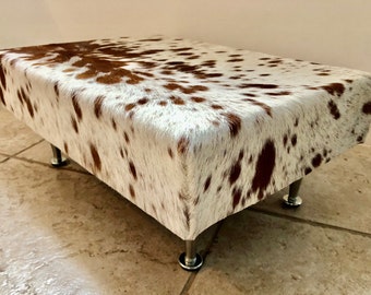 Cowhide footstool, upholstered stool, hair on hide, home and living.