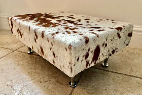 Cowhide footstool, upholstered stool, hair on hide, home and living.