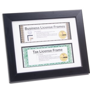 May include: Black double frame with white matting. The top frame is labeled "Business License Frames" and the bottom frame is labeled "Tax License Frame". Both frames have text describing the frame size and features.