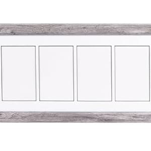 May include: A horizontal multi-photo frame with a weathered gray finish. The frame holds eight 5x7 inch photos, with a white matting. A black and white label in the corner reads "Holds Your Photography Perfectly".